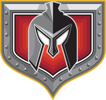 Illustration of a spartan helmet viewed from front set inside shield crest on isolated background done in retro style.