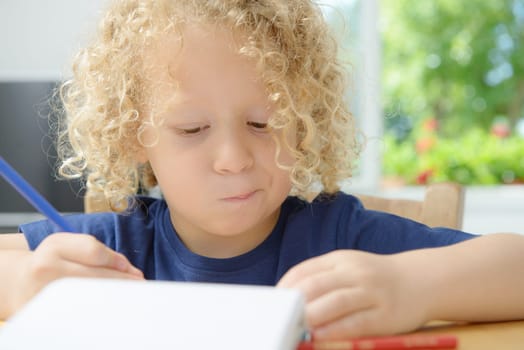 a blond boy drawing on a notebook in his home