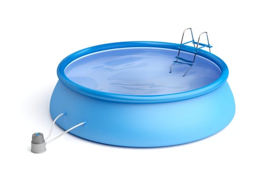 Portable swimming pool with ladder and filter pump on white background