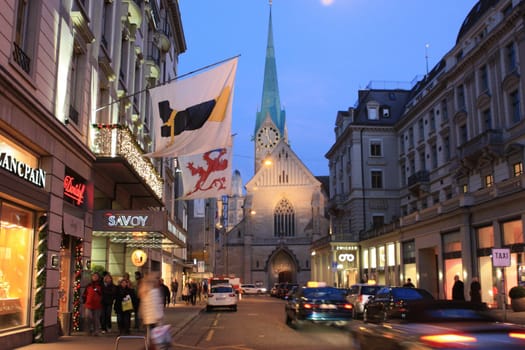 Zurich, Switzerland - November 26, 2011. Evening view of the street before Christmas