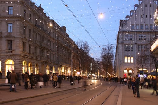 Zurich, Switzerland - November 26, 2011. Evening view of the street before Christmas