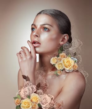 Portrait of a woman. Flowers. Concept.