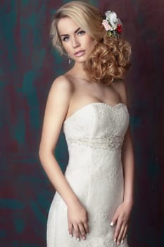 Portrait of a bride with flowers in her hair.