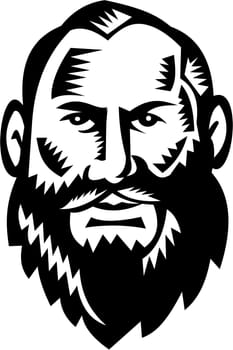 Illustration of a bald head big bearded male man facing front set on isolated white background done in retro woodcut style.