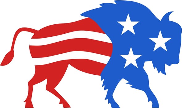 Illustration of an american bison buffalo bull with american stars and stripes flag as part of the body and head viewed from the side set on isolated white background done in retro style.