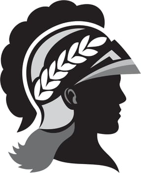 Illustration of a silhouette of Minerva or Menrva, the Roman goddess of wisdom and sponsor of arts, trade, and strategy wearing helmet and laurel crown viewed from side set on isolated white background done in retro style.