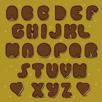 Chocolate Cookies Alphabet. Vintage style. Sweet font. Cookies with colorful filling. Illustration.