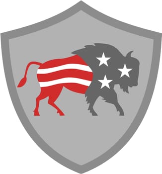 Illustration of an american bison buffalo bull with american stars and stripes flag as part of the body and head viewed from the side set inside shield crest on isolated background done in retro style.