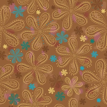 Yellow and blue flowers. Brown Watercolor background. illustration. Summer flowers. Floral seamless pattern.