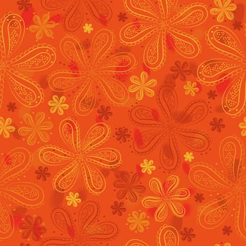 Red and yellow flowers with watercolor background. Illustration. Orange floral seamless pattern.