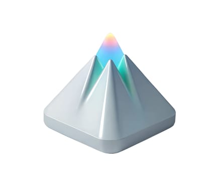 A 3D holographic icon of a futuristic mountain volcano with a gradient light at the peak, isolated on white background, symbolizing innovation and nature in modern design.