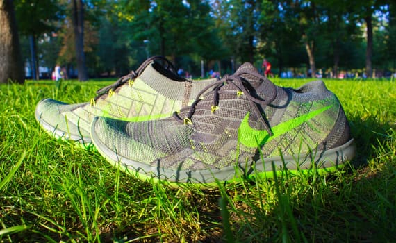 Dnipropetrovsk, Ukraine - August, 21 2016: New style nike shoes on green grass in park - illustrative editorial