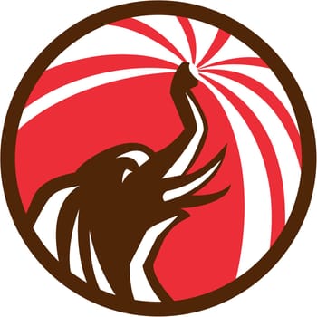 Illustration of an elephant bathing water from trunk viewed from the side set  inside circle done in retro style.