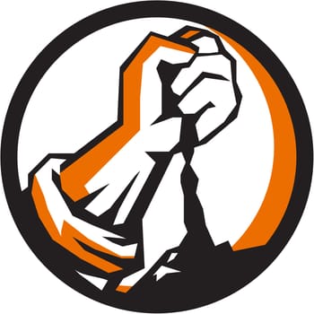 Illustration of a clenched fist pouring dirt viewed from front set inside circle done in retro style.