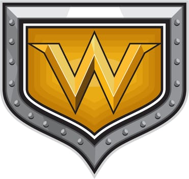 Illustration of the letter W in gold set inside shield crest done in retro style.
