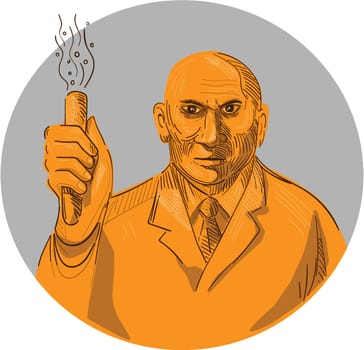 Drawing sketch style illustration of a crazy scientist holding test tube viewed from the front set inside circle on isolated background.