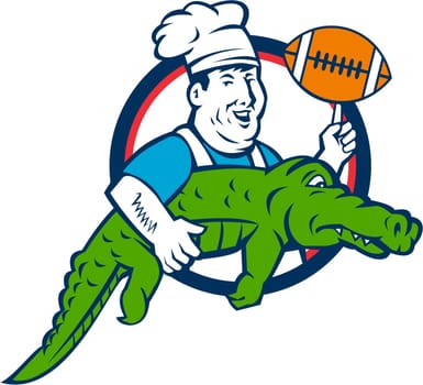 Illustration of a smiling chef cook wearing hat and apron twirling football ball and carrying alligator viewed from the side set inside circle done in retro style.