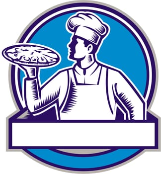 Illustration of a pizza chef baker holding serving pizza looking to the side set inside circle on isolated background done in retro woodcut style.