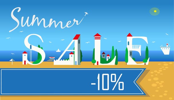 Inscription Summer Sale. Cute white houses on the coast. Summer beach. Plane in the sky. Blue banner for custom text. Illustration.