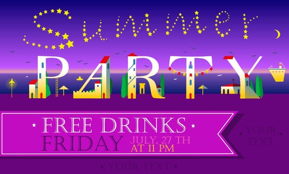 Summer Party invitation. Cute houses font. Night beach. Stars in the sky. Pink banner for custom text. Illustration.