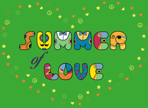 Inscription Summer of Love. Colorful artistic font. Heart by synbols of stars, hearts and pacifics. Illustration.