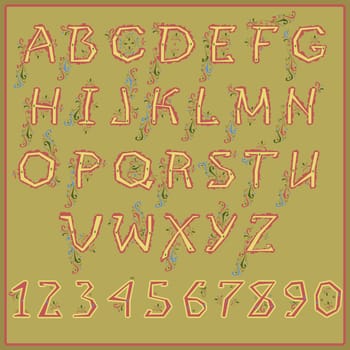 Ethnic yellow alphabet with red floral decor. Unusual font. Illustration.