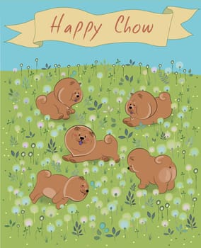 Happy Chow-chow on the blossoming field. Brown puppies. Watercolor flowers and plants. Yellow banner in the sky. Illustration.
