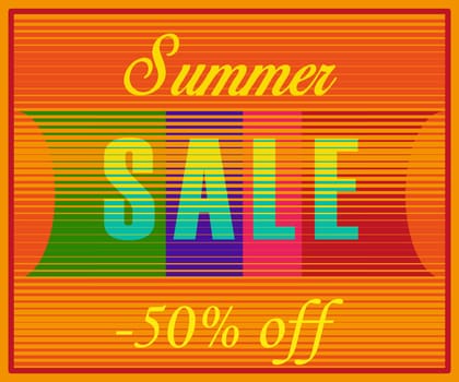 Summer Sale Inscription. Fifty percents off. Striped Yellow Blue Letters. Illustration.