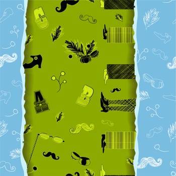 Retro Seamless Pattern with hipster items. Vintage fashion. White items with blue background. Black and yellow items with green background. Effect of paper ragged edge. Illustration.