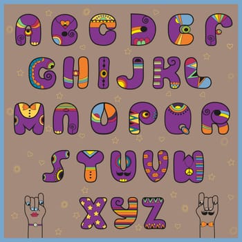 Hipster Alphabet. Funny purple and orange letters. Cartoon hands looking at each other. Vintage fashion. Illustration.