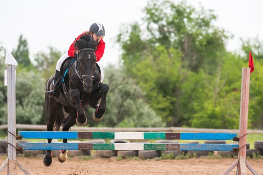 Volgograd, Russia - June 19, 2016: The athlete performs a jump on a horse through the barrier