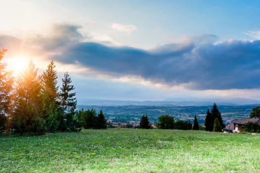 Summer landscape and sunset in forest near Sokobanja spa