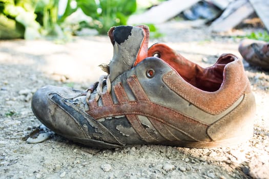 Worn and abandoned sport shoes in the back yard