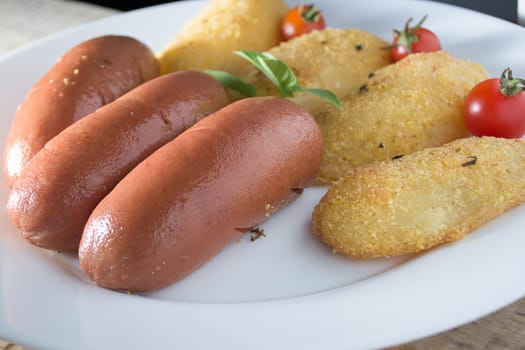 Pork sausages and breaded potatoes fried in a dish and decorated with cherry tomato