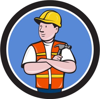 Illustration of a builder carpenter construction worker arms folded holding hammer looking to the side set inside circle on isolated background done in cartoon style.