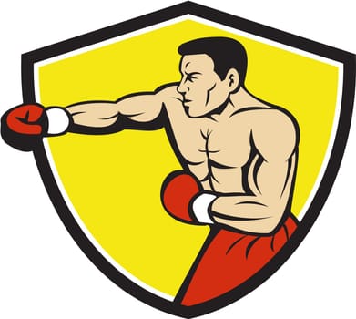Illustration of a boxer wearing boxing gloves jabbing punching boxing viewed from the side set inside shield crest done in cartoon style.