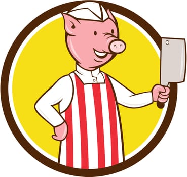 Illustration of a butcher pig holding meat cleaver viewed from front set inside circle on isolated background done in cartoon style.