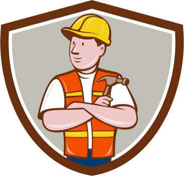 Illustration of a builder carpenter construction worker arms folded holding hammer looking to the side set inside shield crest on isolated background done in cartoon style.