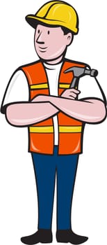 Illustration of a builder carpenter construction worker arms folded holding hammer looking to the side set on isolated white background done in cartoon style.