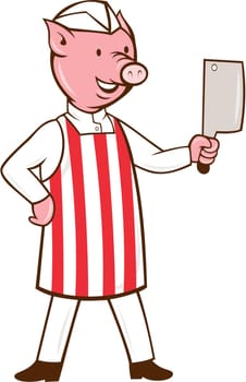Illustration of a butcher pig standing holding meat cleaver and one hand on hips viewed from front set on isolated white background done in cartoon style.