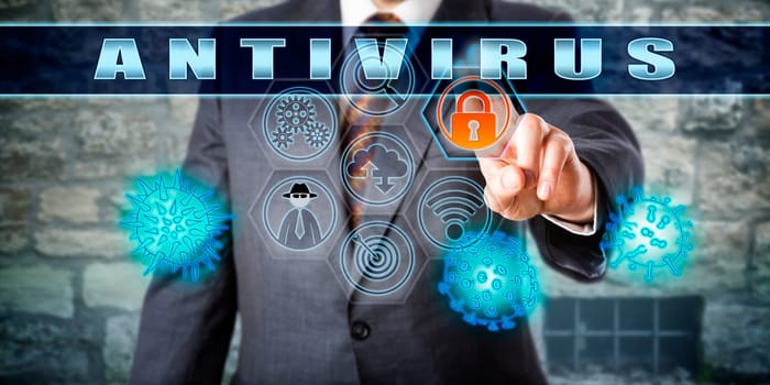 Corporate manager pushing ANTIVIRUS on an interactive touch screen monitor. Computer utility, cyber security and information technology concept. Vector artwork combined with hand drawn illustration.
