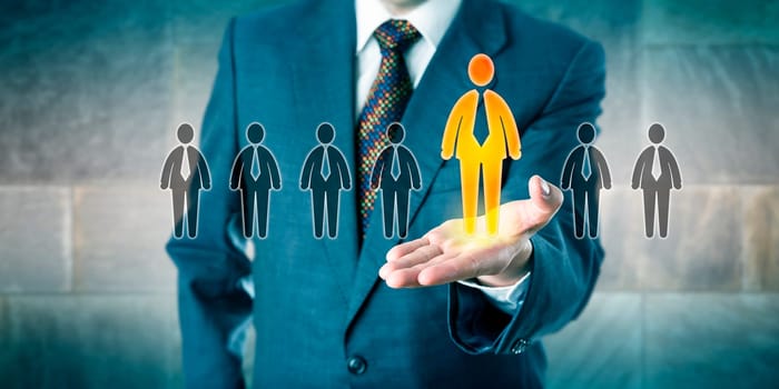 Successful candidate is standing out in a lineup of seven applicants. White collar profession concept for personal career development, talent acquisition, unlocking your potential and leadership.