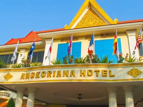 Siem Reap, Cambodia - February 16, 2011: A hotel Angkoriana in khmer style in Siemreap, Cambodia. Siem Reap is the capital city of Siem Reap Province and a popular resort town as the gateway to Angkor region