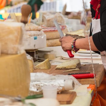 Sunday cheese market. Large selection of cheeses.