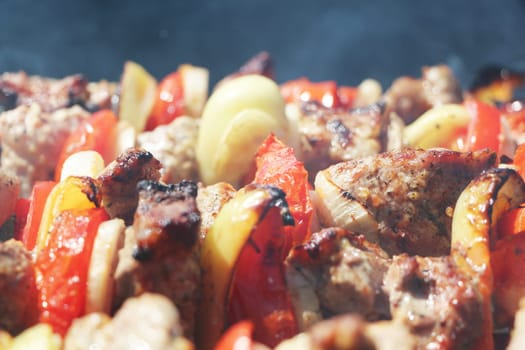 Meat and vegetables grilled on charcoal on a background of a smoke, close-up