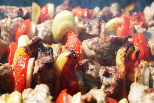 Meat and vegetables cook grilled macro on charcoal on a background of a smoke, close-up