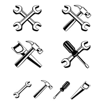 Collection of different silhouette tools to combine setting icon. Repairer set, wrench screwdriver saw hammer