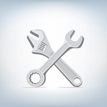 The wrench and spanner icon on light mesh background, tool symbol