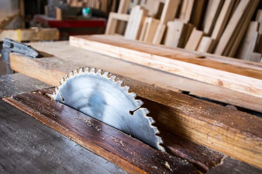 Circular saw in carpenter workshop
