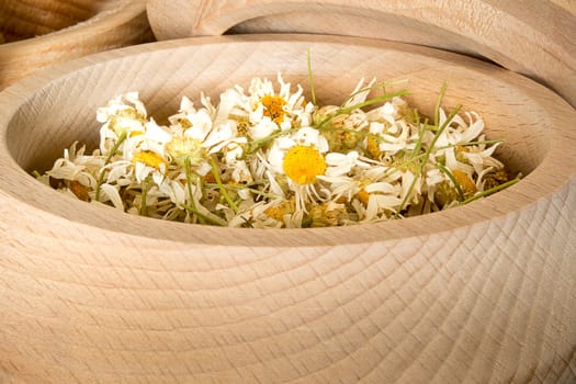 Dried chamomile flowers in wooden bowl placed on rustic table with decorative pumpkin